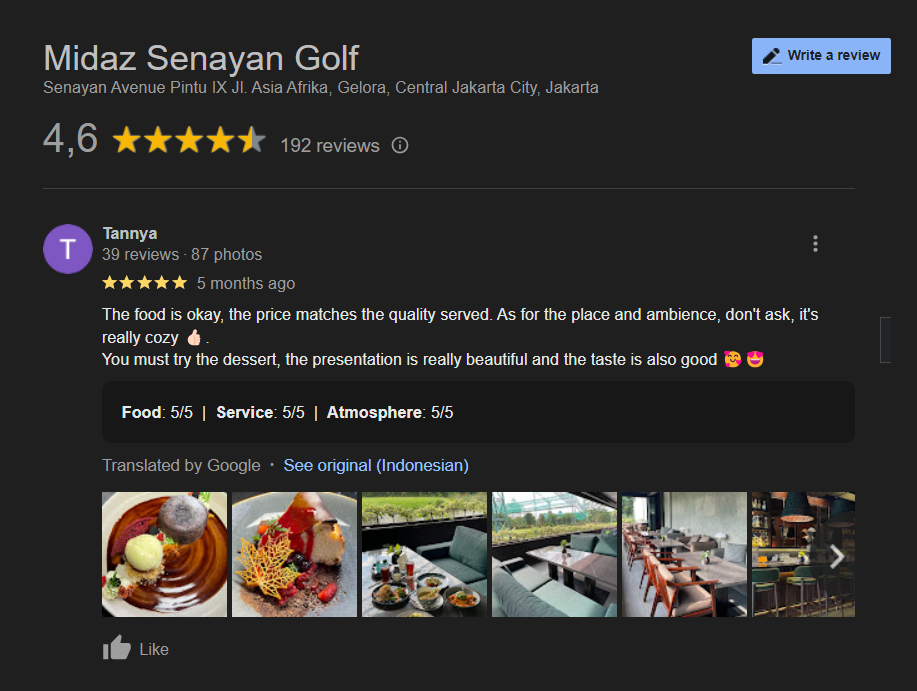 Restoran dengan harga yang sesuai dengan kualitas, ambience dan tempat nyaman, dan tentu cozy