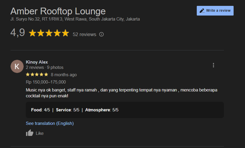 Pelanggan senang karena menemukan rooftop lounge yang musiknya oke dan staff rama