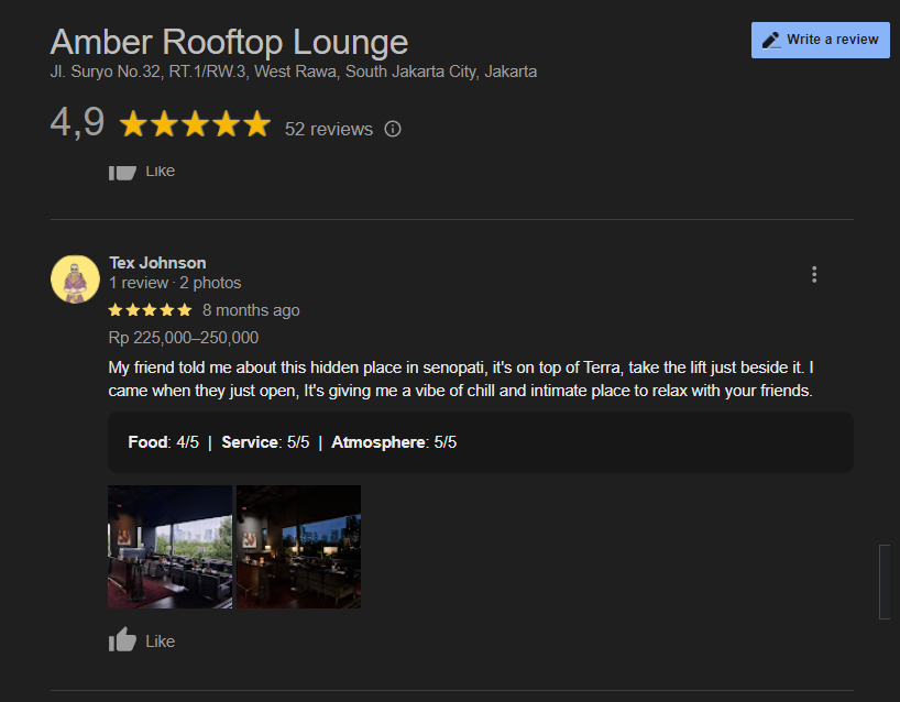 Testimoni tentang tempat Amber Rooftop Lounge dan Hidden gem di Senopati